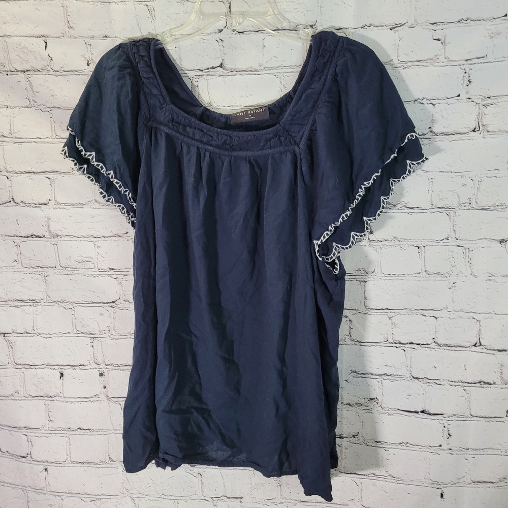 Lane Bryant‎ Blue Short Double Layer Sleeves Blouse, White Trim, Size 24